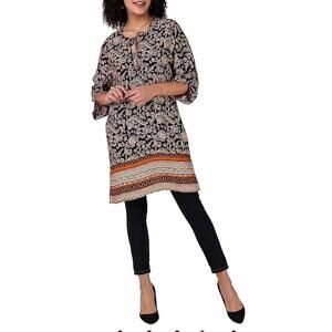 Women Bohemian Neck Tie Vintage Printed Ethnic Style Shift Dress / Tunic M New